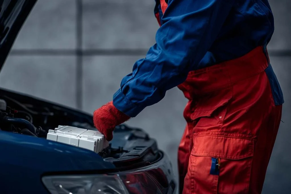 juruteknik mengendalikan bateri kereta Juruteknik sedang memeriksa dan mengendalikan bateri kereta dengan hati-hati, mengenakan pakaian pelindung untuk memastikan keselamatan.