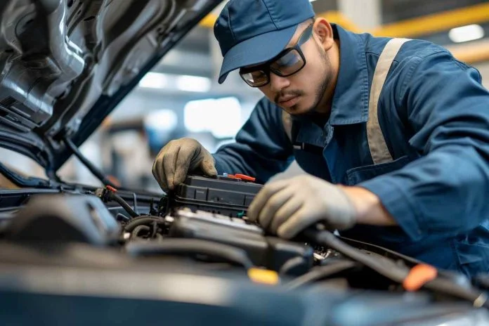 mekanik-menukar-bateri-kereta Mekanik profesional sedang menukar bateri kereta di bengkel, menggunakan alat yang sesuai untuk memastikan pemasangan yang tepat.