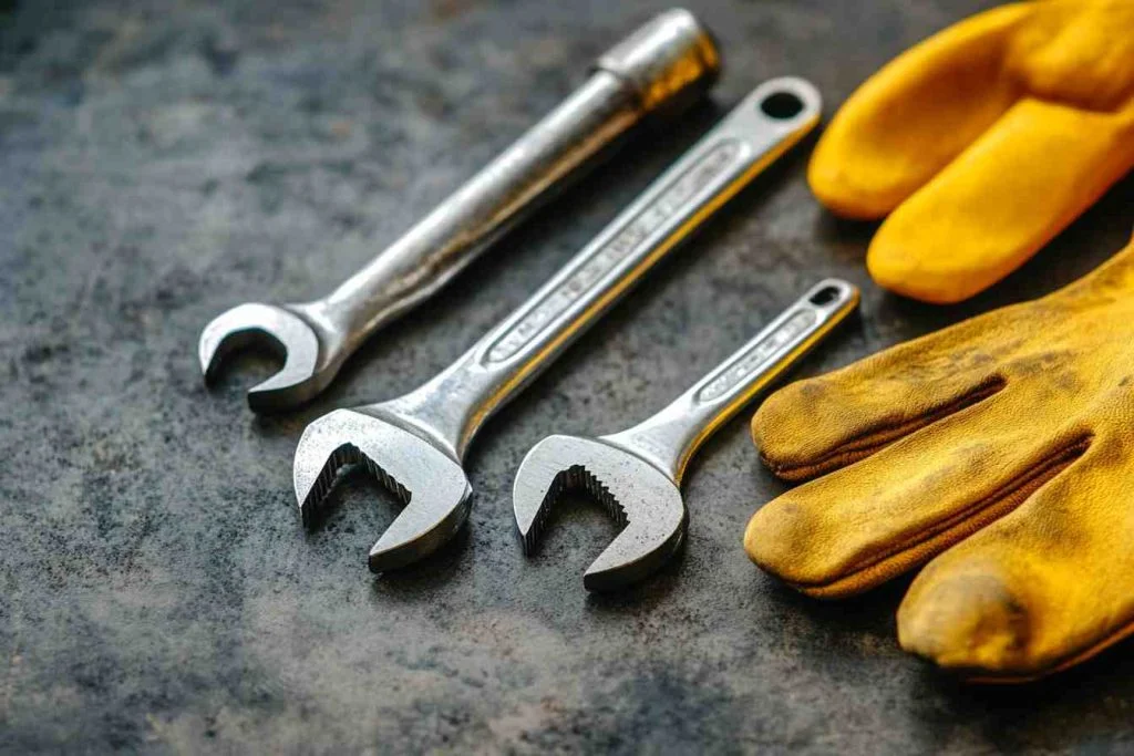 set alat dan sarung tangan Set alat mekanik yang teratur, termasuk spanar dan sarung tangan, siap digunakan untuk pekerjaan pembaikan dan penyelenggaraan kenderaan.