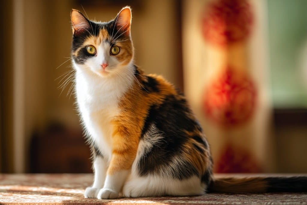 Kucing calico (tiga warna) dengan kombinasi warna putih, hitam dan oren, memiliki mata kuning terang yang menarik.