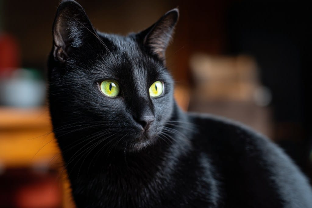 Kucing hitam (Si Hitam) dengan bulu mengkilap dan mata hijau terang yang kontras, menunjukkan ciri khas kucing hitam.