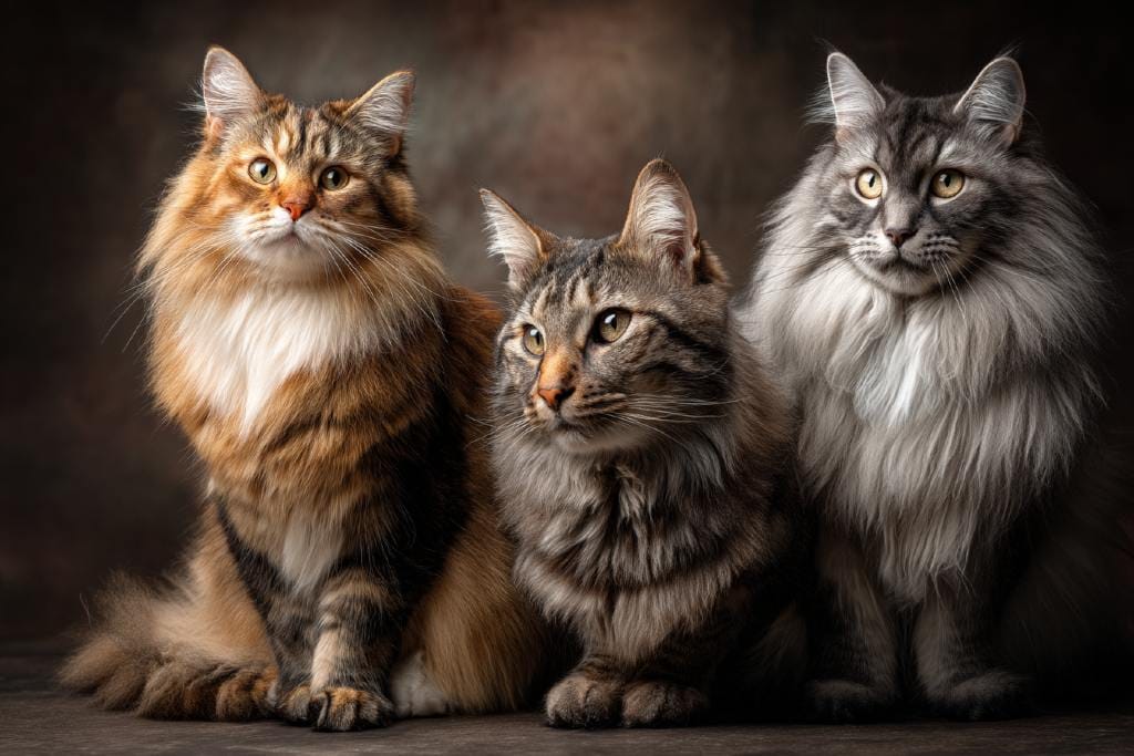 Tiga kucing berbulu panjang yang kemungkinan termasuk baka eksotik seperti Maine Coon atau Norwegian Forest Cat.