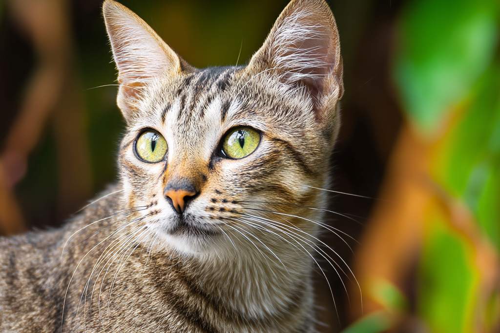 Kucing tabby (belang) dengan corak klasik dan mata hijau cemerlang, mewakili jenis kucing belang yang umum di Malaysia.