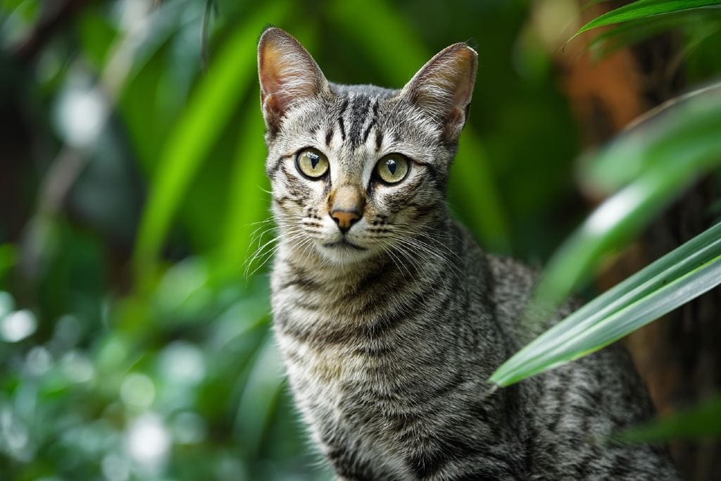 Kucing tabby kelabu dengan pola belang di tengah dedaunan hijau, menunjukkan fungsi kamuflase alaminya.