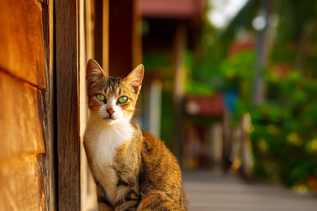 Kucing belang coklat dengan dada putih sedang duduk di samping dinding kayu, dengan latar belakang kawasan luar rumah.